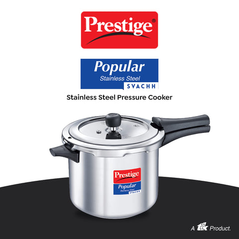 Prestige 5 Litre Stainless Steel Popular Svachh Outerlid Pressure Cooker | Deep lid for spillage control|Gas & Induction Compatible|Controlled Gasket Release System|5 Years warranty|ISI Certified