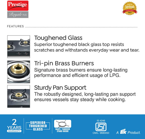 Prestige Royale Plus GT 03L Toughened Black Glass Top Gas Stove(Manual, 3 Brass Burners, Black, Baati/Tandoor Stand Inside)