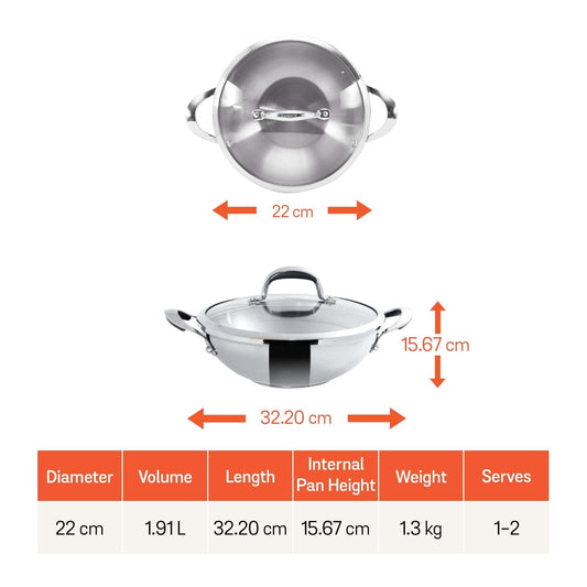 Meyer Select Nickel Free Stainless Steel Kadai with Glass Lid | Steel Kadhai with Triply Base for Deep Frying | Gas and Induction Compatible, 22cm/ 1.91 Liters, Silver