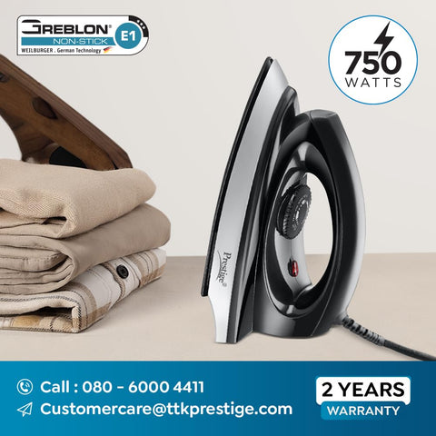 Prestige Magic Spark 750W Dry Iron|Greblon Non-Stick Coated Sole Plate|Wide Range Of Fabric Interface|Light Weight|Neon Indicator Light|2 Years Warranty|Yellow & Black