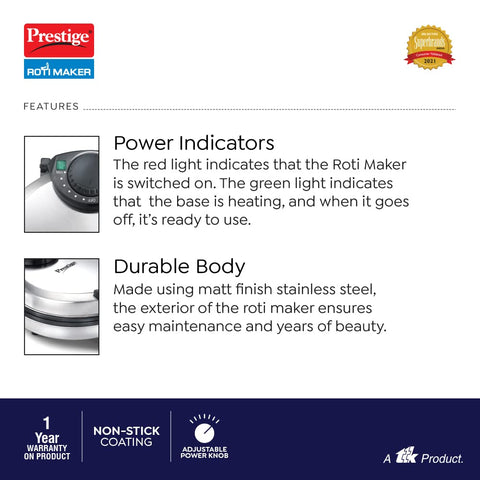 Prestige PRM 3.0 900-Watt Roti Maker - Non-Stick Surface, Silver