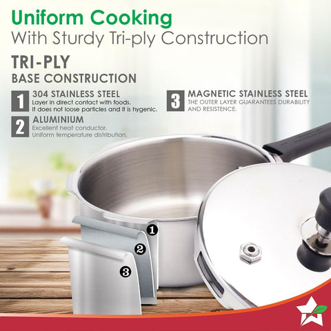 Wonderchef Nigella Triply Stainless Steel Pressure Cooker 5L, Outer Lid, Gas, Induction Compatible & Ceramic Cooktop, ISI Certified, Da Vinci Collection, Uniform Heating, 5-Year Warranty