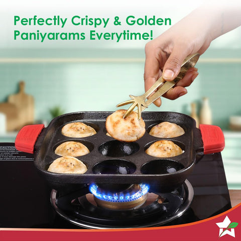 Wonderchef Forza Cast-Iron Paniyarakal | Square | Heavy-Duty Cast-Iron | for Paniyarams, Bondas | Naturally Non-Stick | Uniform Heating, Slow Cooking | Chemical-Free