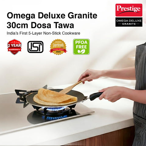 Prestige Omega Granite Non-Stick Dosa Tawa 30cm | Extra Thick Base (4.88 mm) | 5-Layer Coating | Gas & Induction Compatible | PFOA Free | Metal Spoon Friendly | Dishwasher Safe | 2Y Warranty | ISI