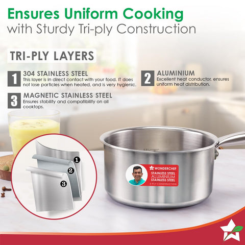 Wonderchef Stella Triply Stainless Steel Milk Pan | 16 cm, 1.7 litres | Compatible with Gas Stove, Induction, Ceramic Cooktop | Non-Toxic | Uniform Heating | Heavy-Duty Handle | 10-Year Warranty