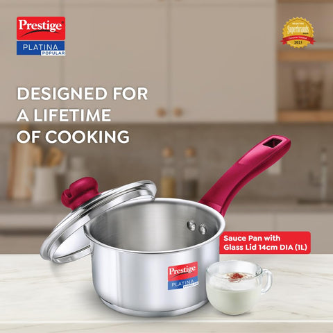 Prestige Platina Popular Stainless Steel Gas and Induction Compatible Sauce Pan with Glass Lid, 140 mm