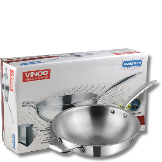 Vinod Platinum Triply Stainless Steel Wok - 26 cm | Riveted Handle | Stir, Shallow Fry/Noodles/Curry/Fried Rice | Induction Base | 5 Year Warranty - Silver