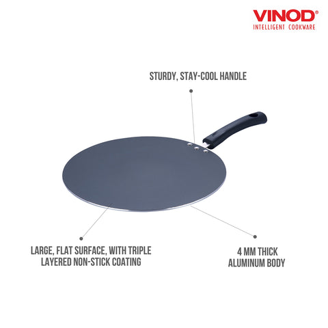 Vinod Zest Aluminium Flat Non Stick Roti/Dosa Tawa - 32.5 cm | 4mm Extra Thick Base Tava, 3 Layer Ceramic Coating, Even Heating, Gas Stove & Metal Spoon Friendly, Perfect for Dosa, Roti, Pancake
