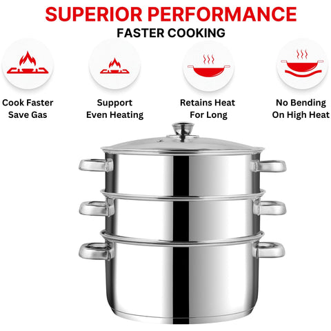 Vinod Stainless Steel 3-Tier Steamer with Glass Lid, 20 cm | 2.5 mm Thick Base | Multi-Purpose Steamer for Momos, Modaks, Vegetables & More | Riveted Handles | Induction & Gas Base | 2 Yr Warranty
