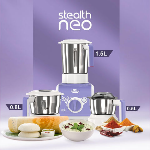 ULTRA Stealth neo MixerGrinder,750W,AISI304 Food Grade SS Jars &Blades,Serrated Stainless Steel Blades,Lesser noise,ABS Body,3Jars Small (0.5L),Medium (0.8L), Large(1.5L), 5Year Motor Warranty