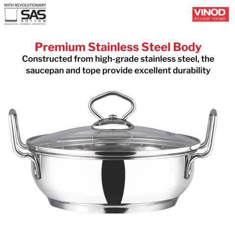Vinod Stainless Steel Kadhai with Glass Lid 20 cm | Extra Thick SAS Heavy Bottom Cookware | Induction & Gas Stove Compatible