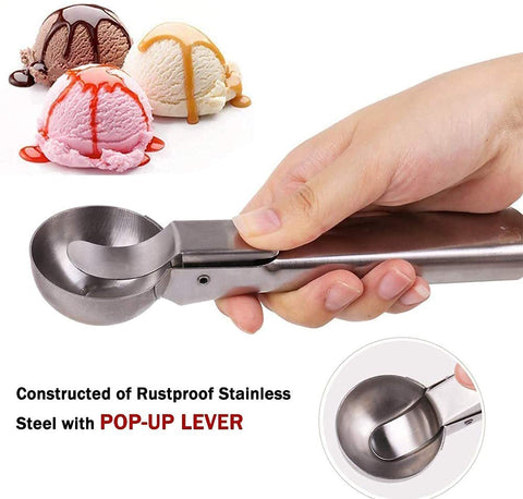 Stainless Steel Easy Trigger Ice Cream Scoop Scooper Serving Spoon, Multifunctional, Silver, 1 pc