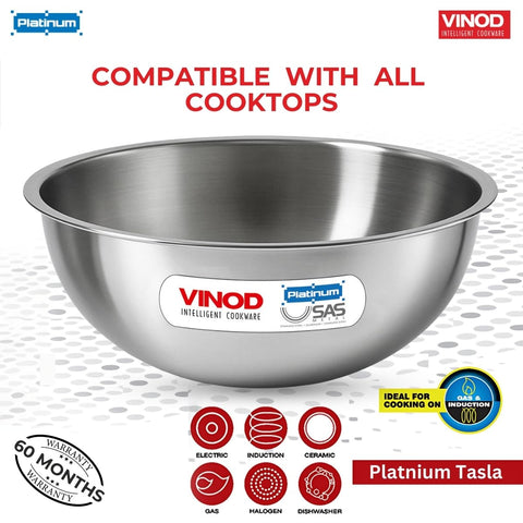 Vinod Platinum Triply Stainless Steel Extra Deep Tasla/Kadai - 2.4 litres, 22 cm | 2.5 mm Thick Heavy Bottom, Fast & Even Heating, Less Oil Healthy Cooking, Induction Base Kadhai for Frying & Dough