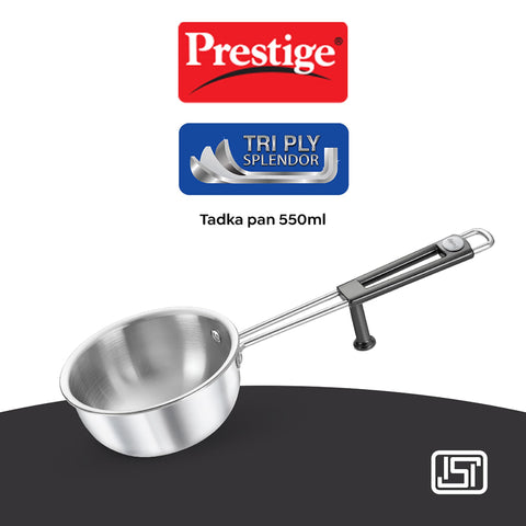 Prestige 13cm/550ml Tri-Ply Stainless Steel Splendor Tadka Pan|Gas & Induction Compatible| Rimmed Edge| in-Built Stand| Heat Resistance Handle| Thick Gauge