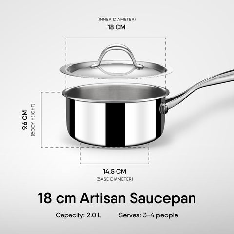 Stahl Artisan Triply Stainless Steel Sauce Pan with Lid, 2 L, 18 cm, Milk Pan, Stainless Steel Tea Pan, Induction & Gas Stove Compatible