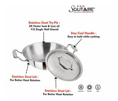 CDM SOLITAIRE Triply Deep Kadhai with Stainless Steel Lid | Triply Kadhai with Induction Friendly 40% Fastest Cook | 22cm | 5 Year Warranty