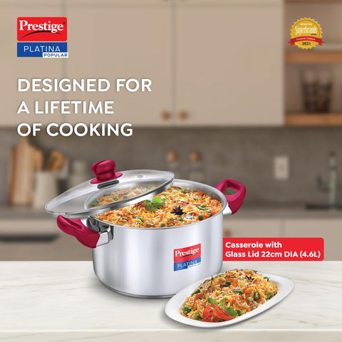 Prestige Platina Popular Stainless Steel Gas and Induction Compatible Casserole with Glass Lid, 220 mm, 4.6 Litre