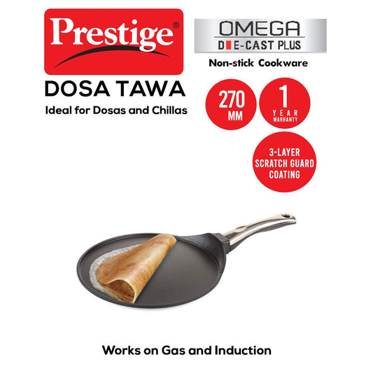 Prestige Omega Die cast Plus 27cm Dosa Tawa|Non-Stick with 3 Layers Scratch Guard Coating|Unique Heat Indicator|Gas & Induction Compatible|1 Year warrnty