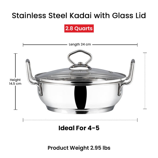 Vinod Stainless Steel Kadhai with Glass Lid, 2.7 L (24 cm) | Extra Thick Heavy Base, Riveted Handles, Easy to Clean, Durable Body | Ideal for Curries & Frying | Induction & Gas Base | 2 Yr Warranty