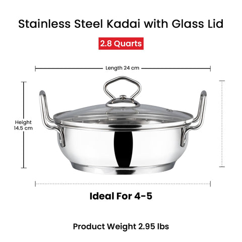 Vinod Stainless Steel Kadhai with Glass Lid, 2.7 L (24 cm) | Extra Thick Heavy Base, Riveted Handles, Easy to Clean, Durable Body | Ideal for Curries & Frying | Induction & Gas Base | 2 Yr Warranty