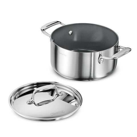 TRAMONTINA Fusao Healthy Triply Ceramic 20Cm/3.1Liters Polished Casserole EX+ With SS 304 Lid | Stock Pot | Biryani Pot | Induction Friendly | Stay Cool Handle I 10 Year Warranty* By Brand, Silver