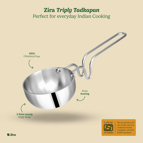 Zira Triply Heavy Duty Stainless Steel Tadka Pan 12 cm | 400 ml | 2.5 mm Thick Base for Even Heating | Induction & Gas Friendly Triply Cookware | Durable Steel Tadka Pan for Tempering Spices and Ghee