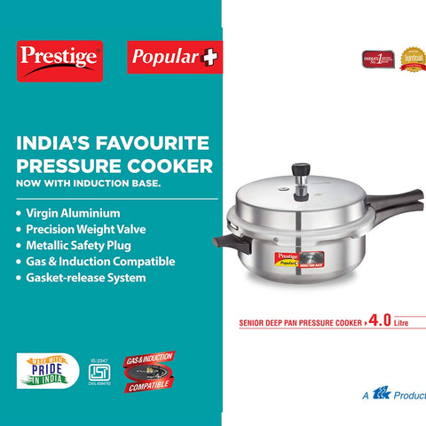Prestige Popular Plus Induction Base Junior Deep Pan, Aluminium Outer Lid Pressure Cooker, 4.0 litres, Silver