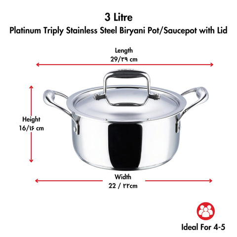 Vinod Platinum Triply Stainless Steel Saucepot with Lid – 20 cm | Biryani & Curry Pot | Induction & Gas Compatible | Easy Clean | 5-Year Warranty | Silver