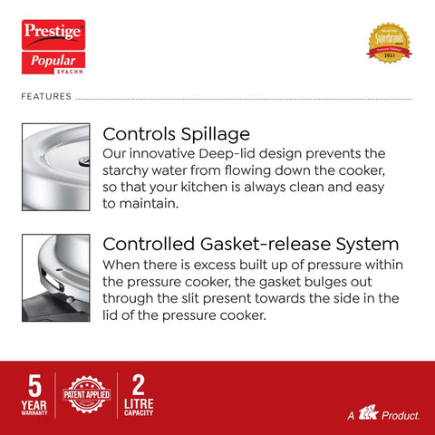 Prestige 2 Litre Aluminium Popular Svachh Outerlid Pressure Cooker|Deep Lid for spillage Control|Virgin Aluminium|Gas Compatible|Controlled Gasket Release System|5 years warranty|ISI Certified