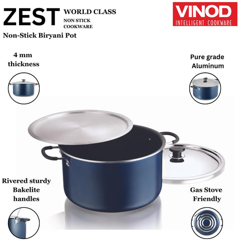 Vinod Zest Non Stick Dum Biryani Pot - 14 Litre, 32 cm | 4 mm Extra Thick | 3 Layer Coating | Metal Spoon Friendly | Bakelite Handle | Gas Base | 1 Year Warranty - Blue