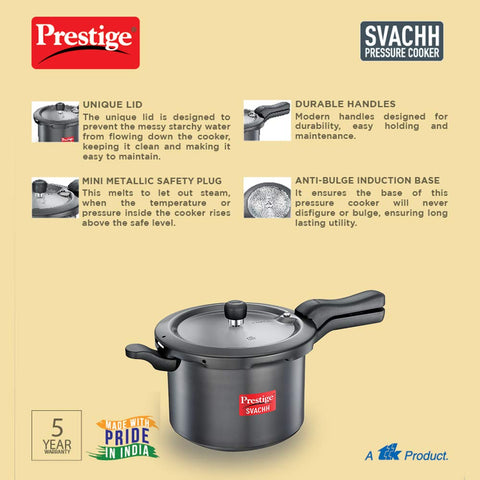 Prestige 5 Litre Hard Anodised Svachh Outerlid Pressure Cooker|Deep Lid for spillage Control|Gas & Induction compatible|Metallic Safety Plug|Gasket Release System|5 Years warranty|ISI Certified