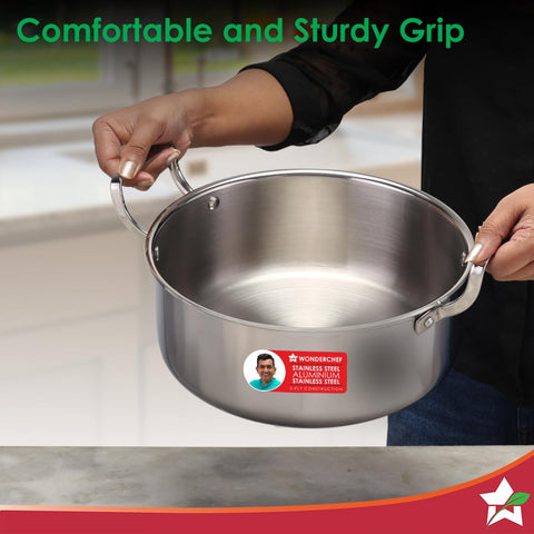 Wonderchef Stella Triply Stainless Steel Casserole with Lid | 24 cm, 4.5 litres | Compatible with Gas Stove, Induction, Ceramic Cooktop | Non-Toxic | Heavy-Duty Handle | 10-Year Warranty