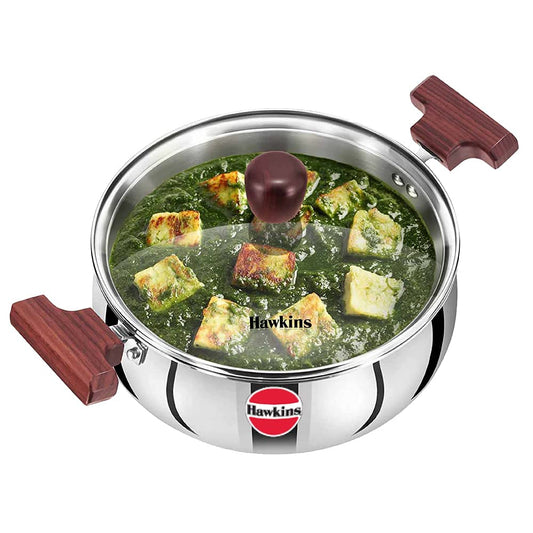 Hawkins 2 Litre Cook n Serve Handi, Triply Stainless Steel Handi with Glass Lid, Induction Sauce Pan, Saucepan, Silver (SSH20G)