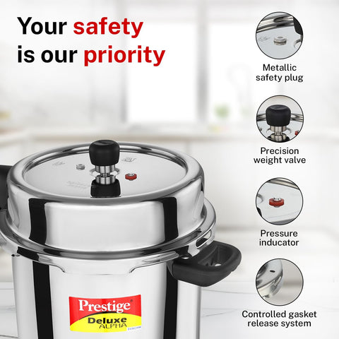Prestige 10 Litre Stainless Steel Deluxe Alpha Svachh Outer Lid Pressure Cooker | 10Y Warranty | Deep Lid for Spillage Control | TRIPLY Base | Gasket Release System | Gas & Induction Compatible | ISI
