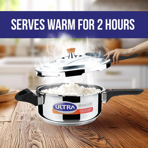Ultra Duracook Pressure Cooker 4.5 Litre | AISI 304 Food Grade Stainless Steel Cooker with10 Years Warranty | High Impact 3-Layer Composite Base | Spillage Control | Sturdy Bakelite Handle
