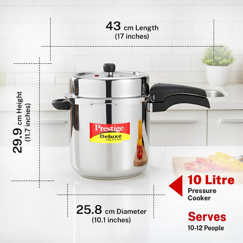 Prestige 10 Litre Stainless Steel Deluxe Alpha Svachh Outer Lid Pressure Cooker | 10Y Warranty | Deep Lid for Spillage Control | TRIPLY Base | Gasket Release System | Gas & Induction Compatible | ISI