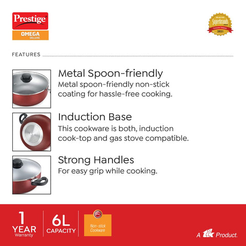 Prestige OMG DLX Induction Base Non-Stick Aluminium Deep Kadhai, 30cm, Red