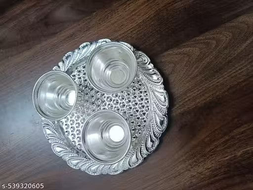 German Silver Kumkum Holder Kamal Shape Bowl (3pcs)Set With Plate
