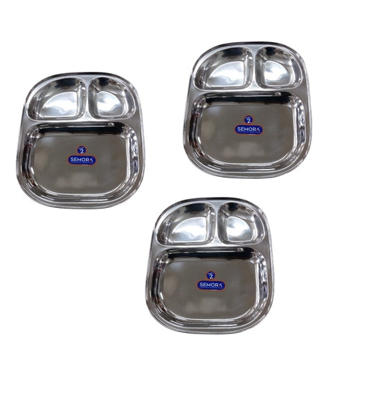 Stainless Steel Medium Breakfast Lunch Dinner Plates 3 Sectioned Plate No.2 (Pack of 3)
