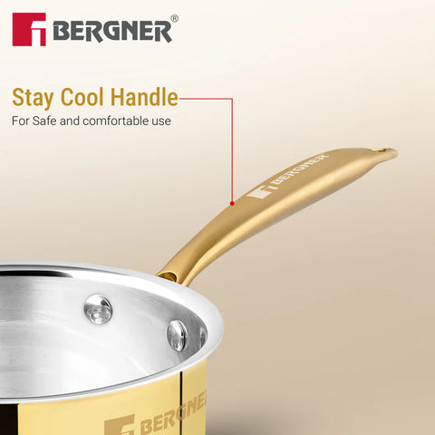Bergner Peetlam Saucepan with Lid 16cm (1.6L), Traditional Brass Saucepan with Tin (Kalai) Coated, Healthy Cooking, Ergonomic PVD Gold Handle with Comfortable Grip, Durable - Gas Stove Compatible