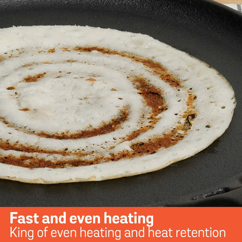 Meyer Pre-Seasoned Cast Iron Flat Dosa, Roti, Chapati Tawa Pan with Stick Handle, Dosa Kallu, Iron Tawa Big Size, Gas and Induction Compatible | 28cm, Black