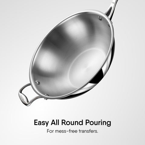 Stahl Artisan Triply Stainless Steel Wok with Lid, 3.3 L, 26 cm, Deep Frypan Induction Base, Stir Fry Wok, Induction & Gas Stove Compatible