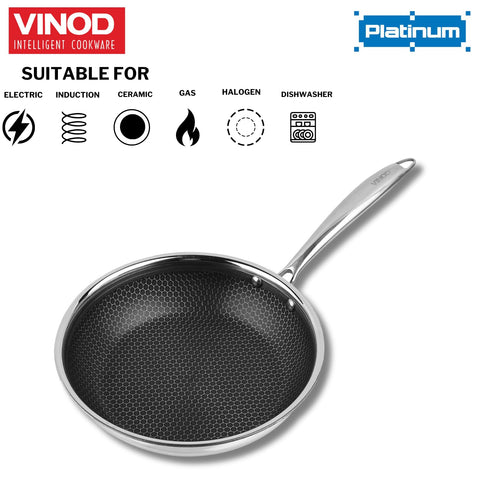 Vinod SAS Pro Platinum Triply Stainless Steel Hybrid Non Stick Frypan - 24 cm | Etched Hexa Design Stick-Resistant Surface | Healthy Cooking | Metal Spatula Safe | Induction & Gas Base | Toxin Free