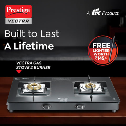 Prestige Vectra 2 Burner Glasstop Open Gas Stove|Superior Toughened Glass|Jumbo Brass Burner|3-Way Gas Inlet|360 Degree Revolving Nozzle|10 Years Warranty On Glass|Black