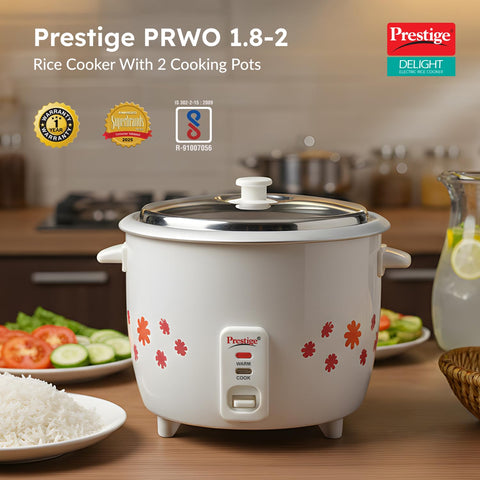 Prestige PRWO 1.8-2 Electric Rice Cooker| 2 Aluminium Cooking Pans | Stainless Steel Lid | Grey/White | Cool Touch Handles | Detachable Power Cord | 700- Watt|1.8 Litres
