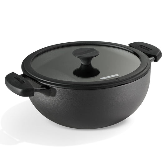 TRAMONTINA TITANEX 24cm/3.7L Pre-Seasoned Heritage Cast Iron Deep Kadai with Toughened Glass Lid | Snap-On Silicone Grips | Kadhai for Curry | Gas/Induction Cookware | Life-Time Warranty