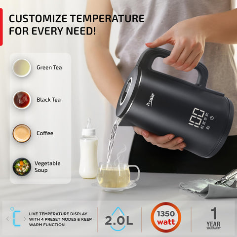 Prestige Stainless Steel Digi Kettle 2 L With 4 Preset Modes | Live Temperature Display | Elegant Cool Touch Design | Auto-Cut Off And Dry Heat Protection | 360 Degree Swivel Base, 1350 Watts, Black