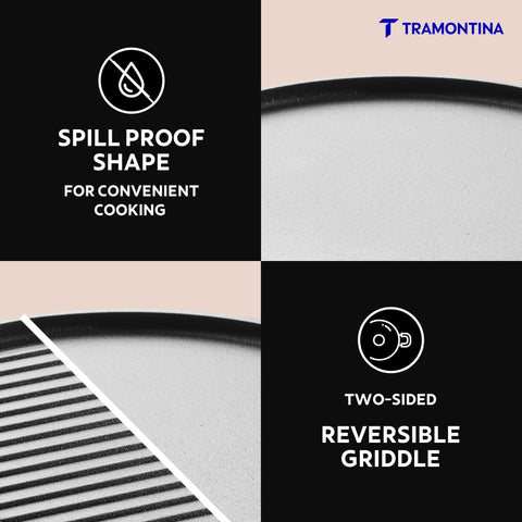 TRAMONTINA TITANEX 30cm Reversible Cast Iron Grill Pan/Tawa | Pre-Seasoned 2-in-1 Pan for Dosa, Roti, Pancakes, Grilling & Searing | Gas & Induction Compatible | Cool Touch Grips.