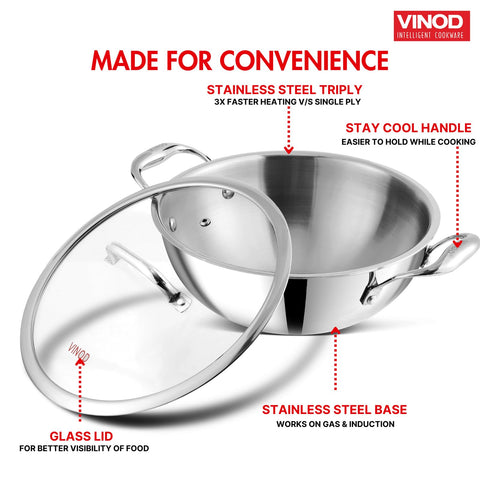 Vinod Platinum Triply Stainless Steel Extra Deep Kadai with Glass Lid - 26 cm | Even Heating, Less Oil Healthy Cooking, Heavy Bottom Induction Cookware Kadhai for Cooking & Frying