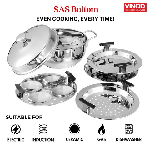 Vinod Gen - Z Multi 6 pcs Kadai with Stainless Steel Lid, 2 Idli Plates, 2 Dhokla Plates and 1 Patra Plate -Induction & Gas Stove Friendly, Sturdy Handle,SAS Bottom